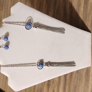 NWT Silvertone Tassle Long 46" Necklace with Cornflower Blue Beaded Earrings